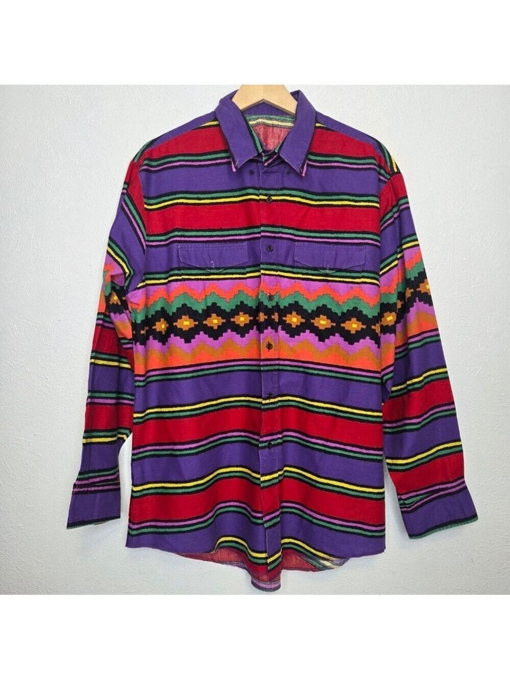 Bold Vibrant Aztec Striped80's 90's Men's Button Down Shirt No Tags